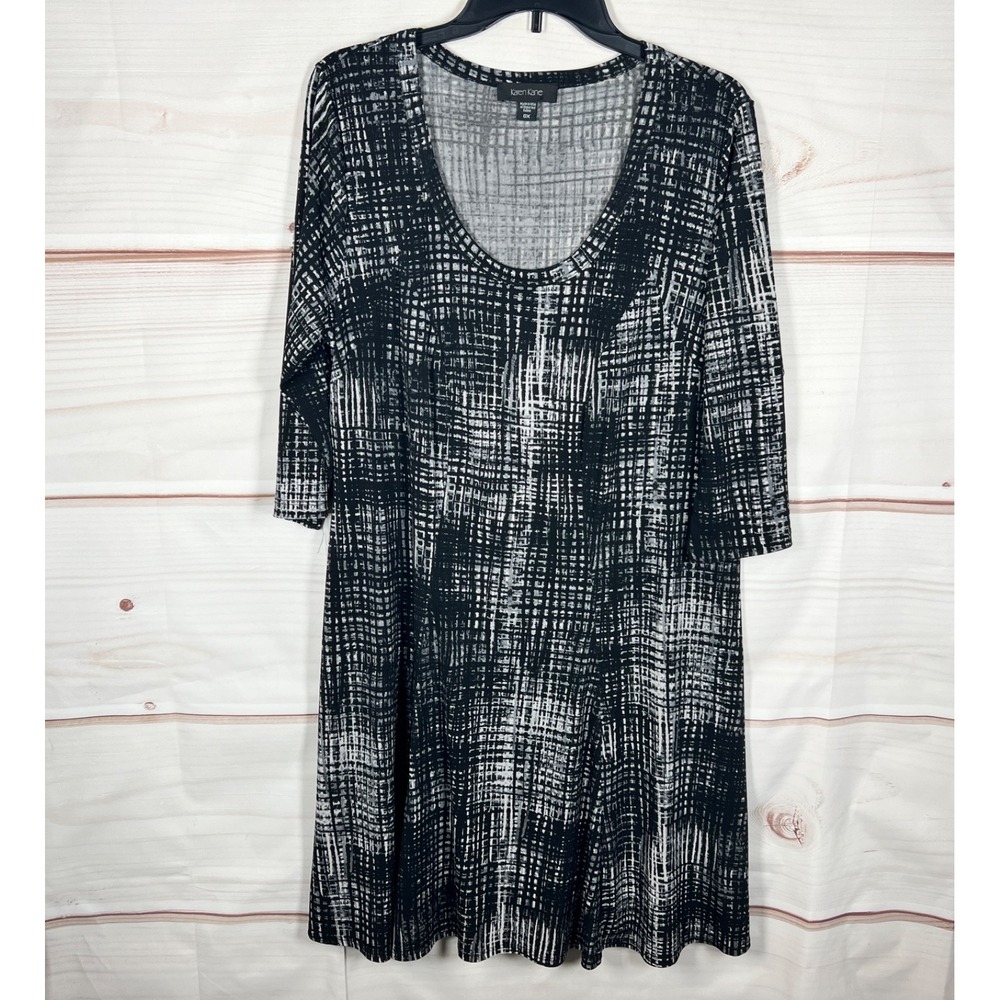 Karen Kane Dress Womens 0X Black Printed Swing Mini Scoop Neck Knit 3/4 Sleeve‎